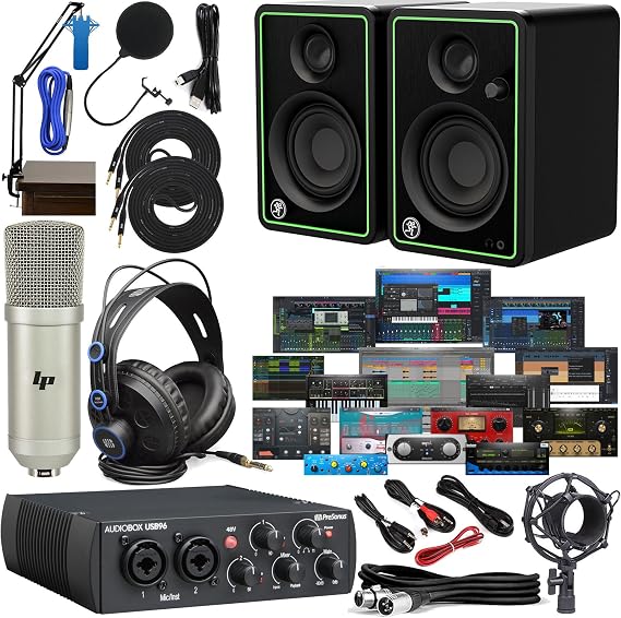 Presonus AudioBox 96 Audio Interface with Newest Studio One Prime & Studio Magic Plug-in Suite Software Kit, CR4-X Creative Reference Multimedia Monitors and Adjustable Boom Arm Kit + HD7 Headphones