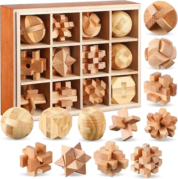 12 Pcs Wooden Brain Teaser Puzzles Set, 3D Logic Games for Adults