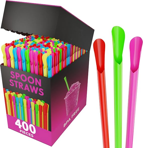 Sno-Cone and Slushie Spoon Straws for Shaved Ice, Mixed Neon, 400 Count | Disposable spoon straws for slushies, snow cones and shaved ice; scoop and sip, mixed neon colors, 400 count