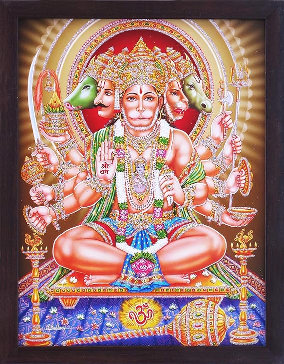 SANVIKA Panchmukhi Hanuman Poster Painting with Frame Sacred Hindu Artwork for Worship and Decoration (220-148)