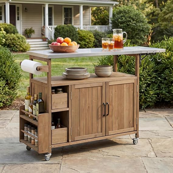 54.33" Farmhouse Rolling Outdoor Kitchen Cart,Solid Wood Frame with Stainless Steel Top, Spice Rack, Towel Rack, Lockable Wheels,for Backyard BBQ & Kitchen (Natural-ok)