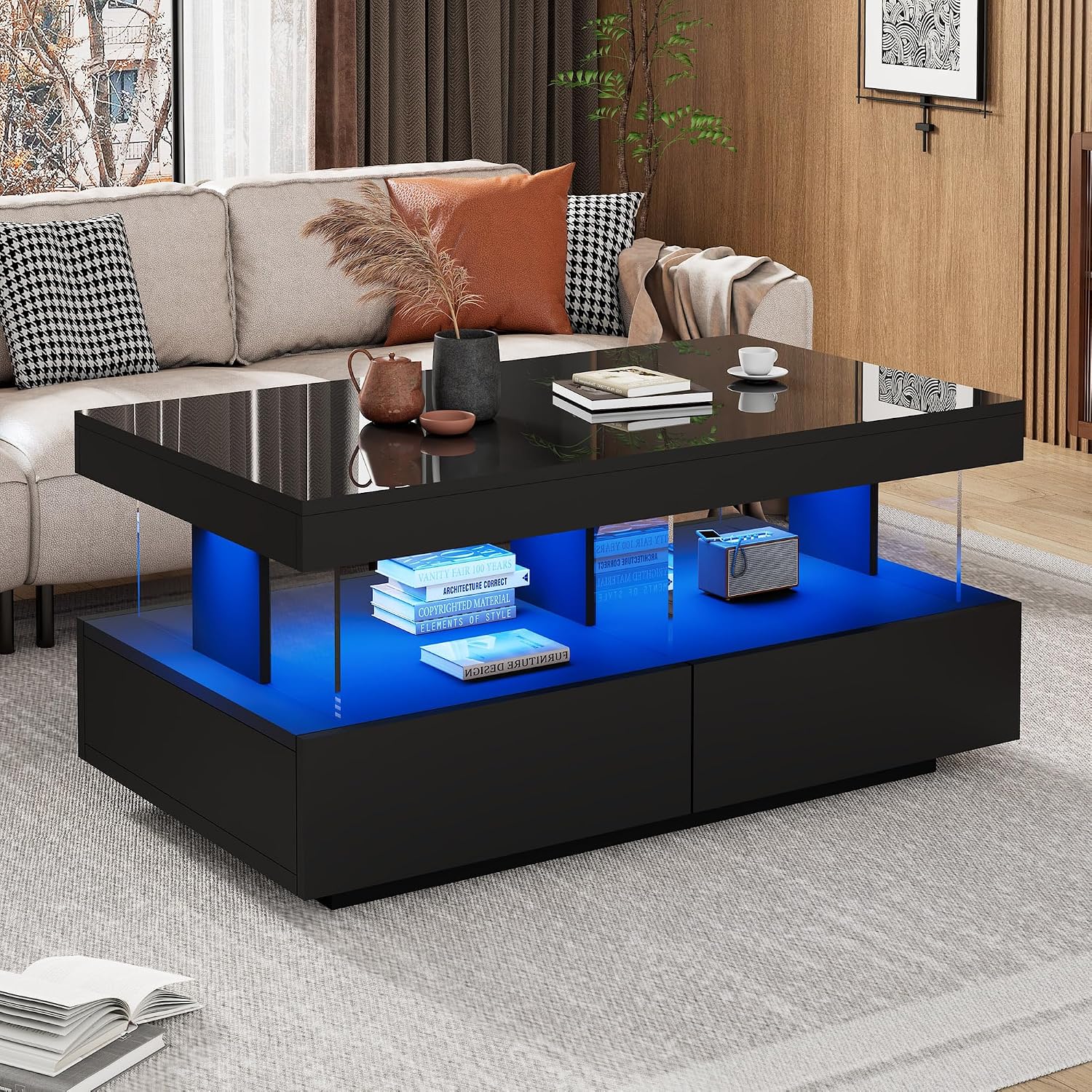 ModernLuxe High Gloss Coffee Table with LED Lights, Black Coffee Table with 2 Drawers & Open Storage, Modern Centre Table, Coffee End Table for Living Room & Home Office Furniture