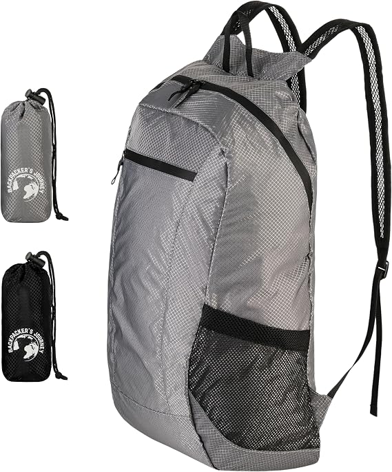 Backpacker's Journey Foldable Rucksack 20 L / 25 L – Ultralight, Packable & Waterrepellent Daypack – Lightweight Fold‑Away Backpack for Travel, Hiking & Everyday Use (grey 20L)