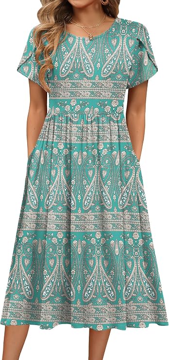 HOTOUCH Women Dresses Elegant Summer Midi Dress Short Sleeve Round Neck Tunic Dress Casual A Line Dresses with Pockets S-XXL