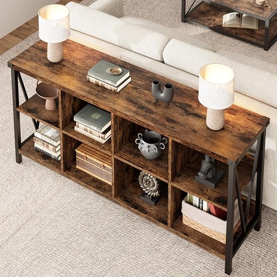 CABIHOME 62 Inch 8-Cube Storage Organizer Bookshelf, 3-Tier Metal Horizontal Bookcase, Industrial Console Bookshelf for Living Room, Entryway, or Office, Long Low Storage Shelf-Retro Brown.