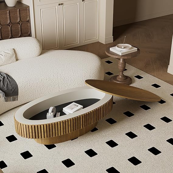 47" Oval Coffee Table with Hidden Storage Compartment, Modern Handcraft Fluted Drum Coffee Table, Wooden Oval Center Table Cocktail Tea Table with Sturdy Pedestal for Living Room, Brown
