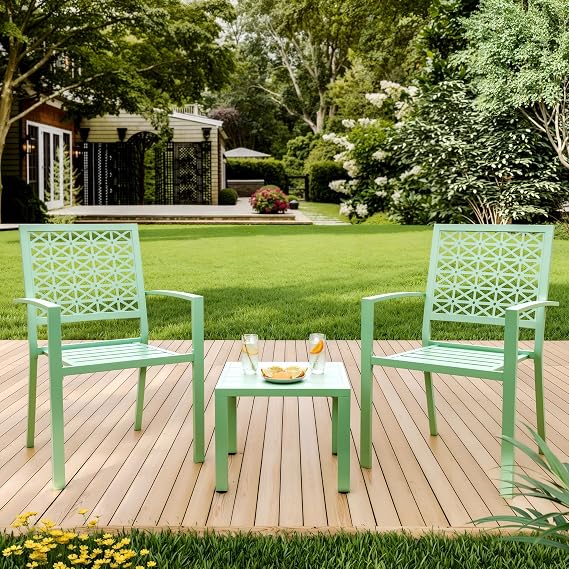 3-Piece Outdoor Bistro Set Modern Patio Furniture Set with 2 Decorative Iron Chairs and Square Coffee Table, Perfect for Balcony, Porch, Garden, or Lawn, Light Green