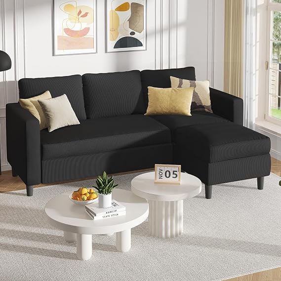 Shintenchi Modern Upholstered Sectional Sofa, L-Shaped Couch with Movable Ottoman and Reversible Chaise for Living Room, Black Corduroy Fabric