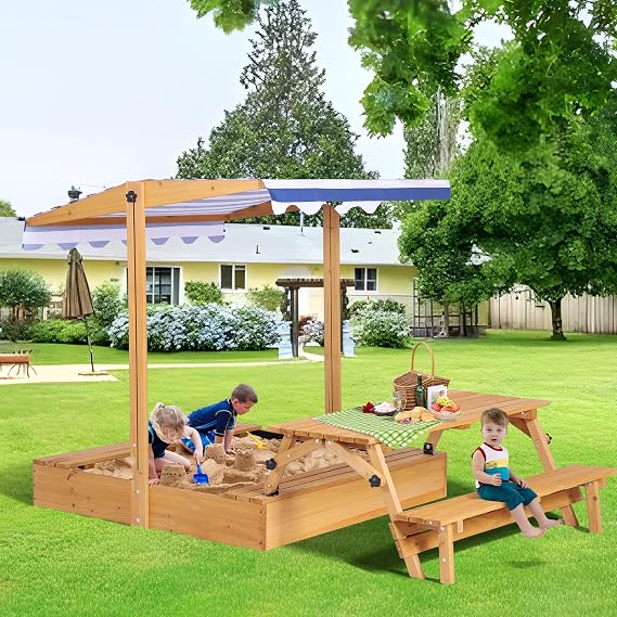 Kids Sandbox with Lid, Outdoor Wooden Sand Box with Kid Picnic Table | Sandpit with Cover Canopy, Toddler Outdoor Playhouse with 2 Bench, Adjustable Roof & Bottom Liner for Backyard, Beach