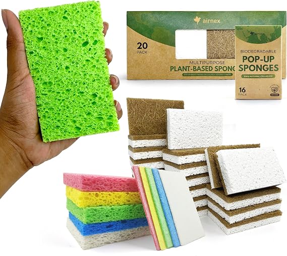 AIRNEX Pack of 16 Biodegradable Cellulose Compressed Sponges with Pack of 20 Rectangular Eco Dishwashing Sponges