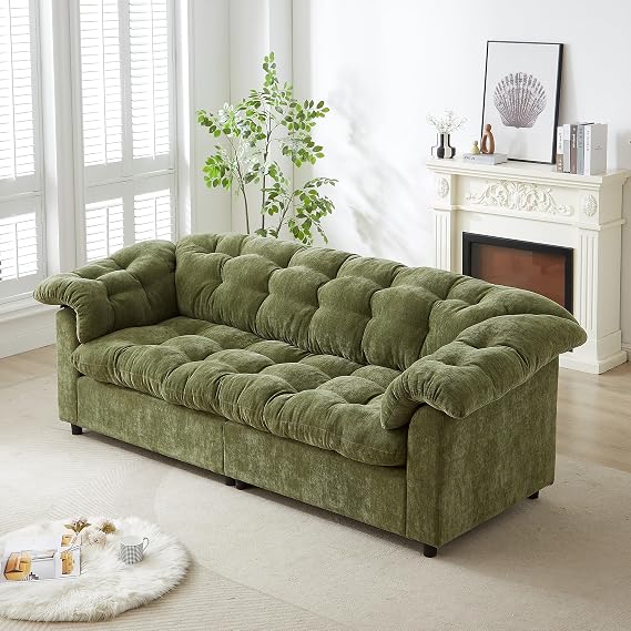 99.2" Chenille Modern Deep Seat Sofa - 3 Seat Chenille Couch with Everted Armrest Pads & Zipper Design, Luxury Modern Couches with Tufted Design & Black Legs, Cloud Sofas for Living Room (Green)