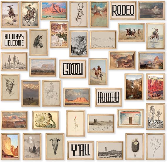97 Decor Boho Western Decor for Home - 40 Pcs Collage Western Wall Decor for Bedroom, Boho Ranch Southwestern Wall Art Prints, Old Western Aesthetic Pictures Farmhouse Posters for Teen Girl Dorm (4x6)
