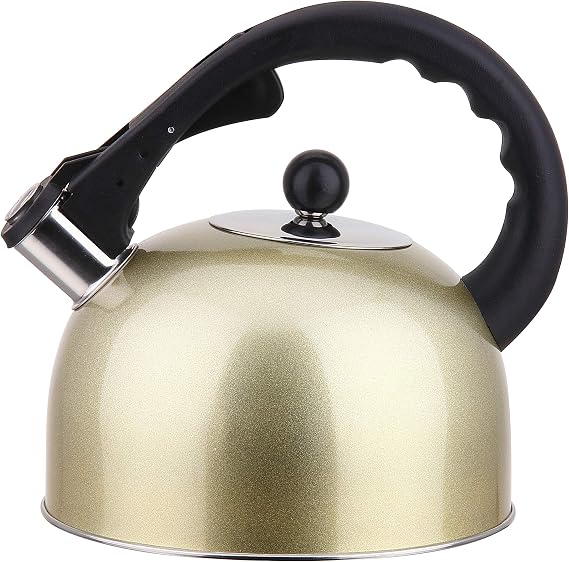 Stainless Steel Stovetop Whistling Tea Kettle 3 Liter (3-Quart) Classic Teapot with Ergonomic Handle, Works on Induction Cooktops-Gold 2407.