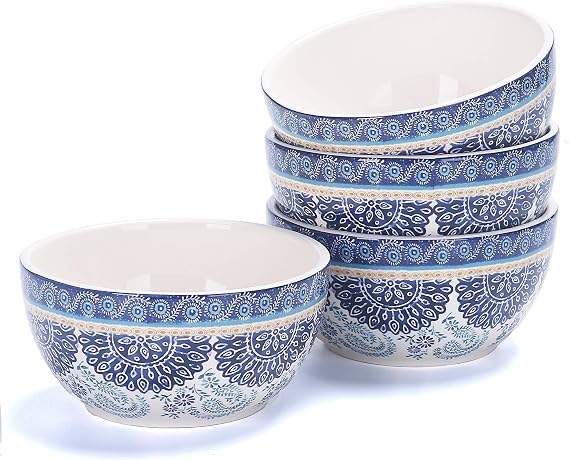 Bico Ceramic Cereal Bowls Set of 4, 26 oz, 6 Inch, Blue Talavera