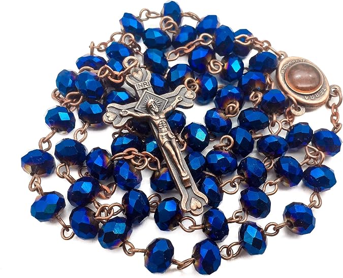 Nazareth Store Deep Blue Crystal Beads Rosary Necklace Catholic Prayer Jerusalem Holy Soil Medal Cross Antique Religious Rosaries Beads Collection