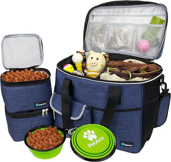 PetAmi Dog Travel Bag Organizer, Pet Travel Kit with 2 Food Containers & 2 Collapsible Dog Bowls, Pet Supplies Tote with Luggage Sleeve, Weekend Road Trip Camping Essentials, Navy Blue, Large