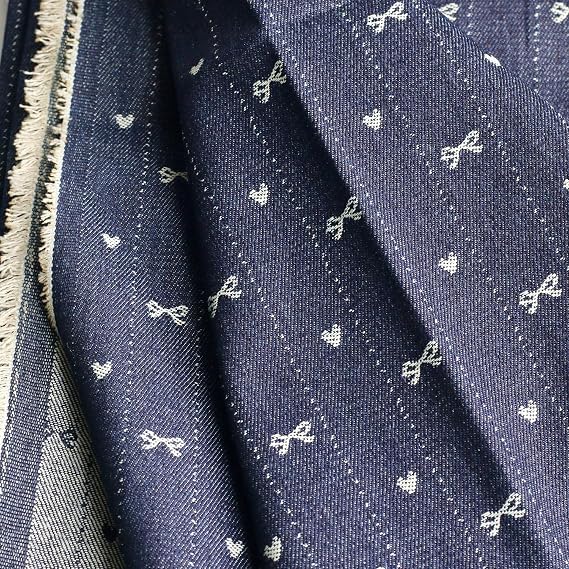 10oz Indigo Unwashed Denim Fabric | 70" Wide (340gsm) Non-Stretch Cotton | Jacquard Bow Heart Woven Pattern, Pre-Cut Yardage (Cut by The Yard)