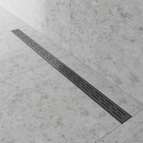 48 Inches Linear Shower Drain - Stainless Steel Rectangular Shower Floor Drain with Removable Patterned Grate, Hair Strainer, Threaded Adapter - Black