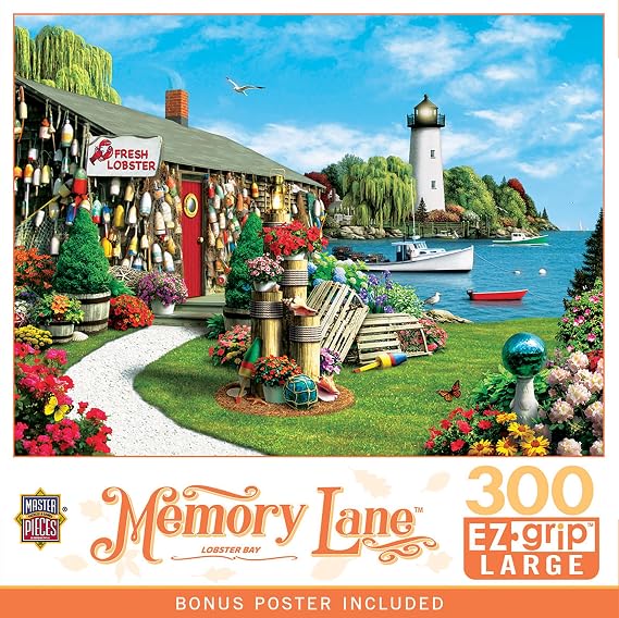 MasterPieces 300 Piece EZ Grip Jigsaw Puzzle - Lobster Bay Seaside Lighthouse and Boat - 18"x24"