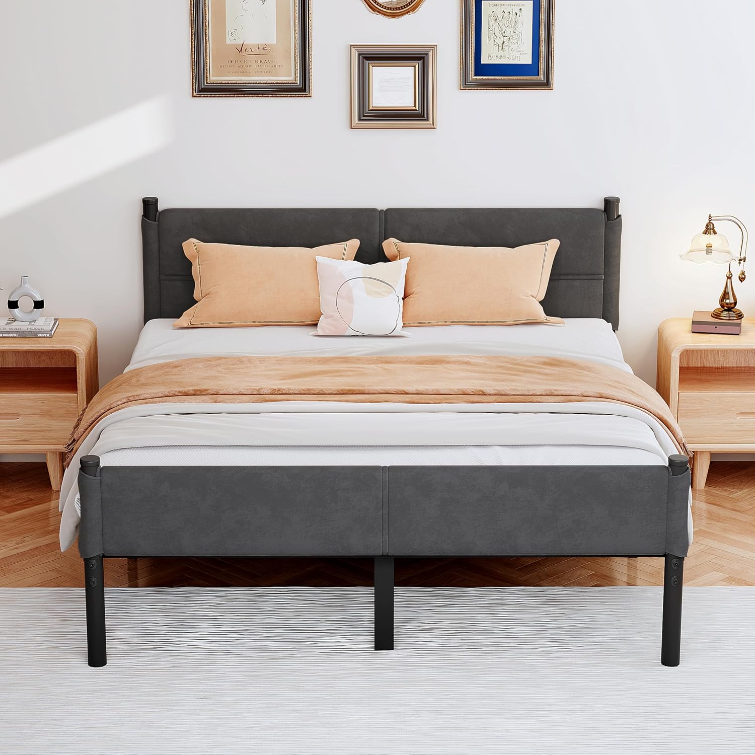 Metal Bed Frame, 14" King Size Bed Frame with Storage Space, Sturdy and Sturdy Mattress Foundation, Easy to Assemble, No Box Spring Required, King Grey