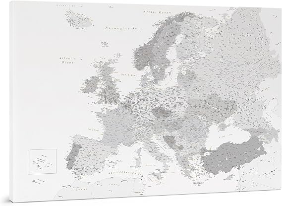 Trip map European Continent Map - Canvas Map Pin Board with Pins - Detailed Map of Europe Cork for Marking - Art Print on Real Wood Stretcher Frame - 3 Sizes to Choose From - Grey & White