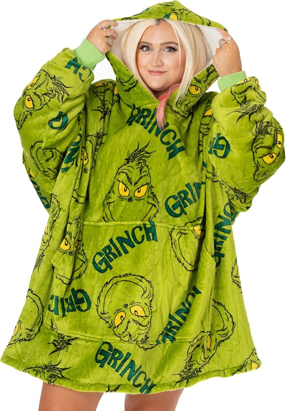 The Grinch Adults Oversized Wearable Blanket Options Green Sherpa Fluffy Fleece Embroidered and AOP Christmas Hoodie