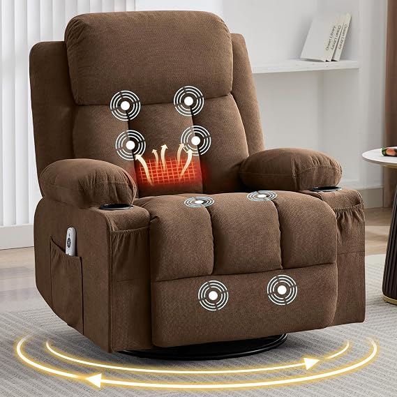 Massage Swivel Rocker Recliner Chair with Heat and Vibration Rocking, Ergonomic Lounge Chair with Side Pocket, 2 Cup Holders and USB Charge Port for Living Room (Brown)