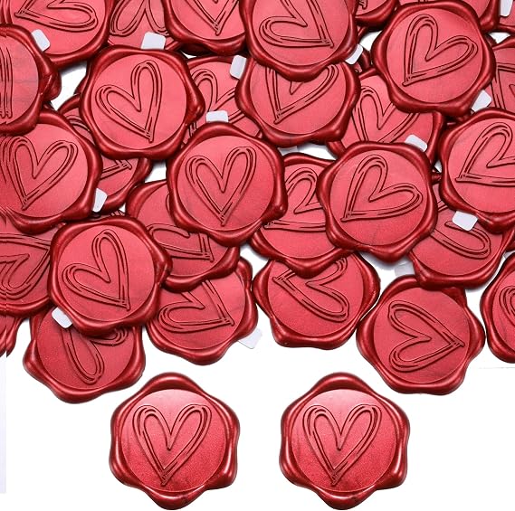 50Pcs Wax Seal Stickers, 1.14inch/29mm Flame Red Envelope Seal Stickers, Heart Vintage Wedding Invitation Stickers for Valentine's Day Birthday Bridal Shower Party Supply