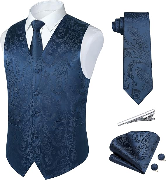 Paisley Vest and Tie Sets for Men Formal Floral Jacquard Suit Vests Ties Pocket Square Cufflinks Tuxedo Waistcoat