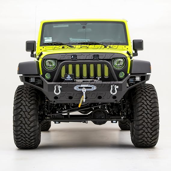 -Rock Crawler Full Width Front Bumper with Built-In Winch Plate & 4x LED Light & 2x D-Ring for 07-17 Jeep Wrangler JK