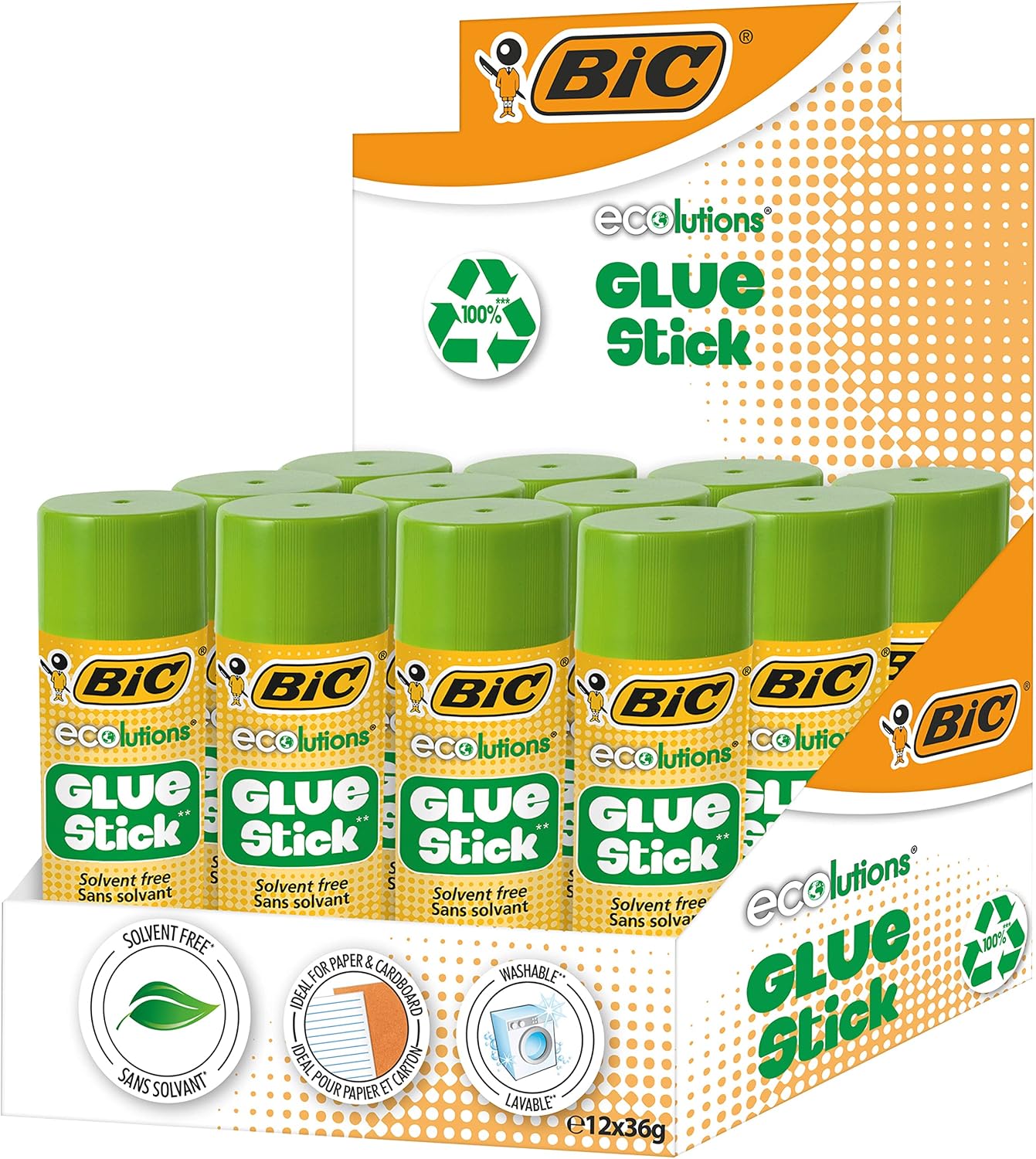 BIC Ecolutions Glue Stick Adhesive, 36 Gr. 12 Pieces, Solvent Free, Washable and Easy to Apply