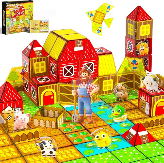 GobiDex Magnetic Tiles Farm Animals Toys for Boys Girls Age 3+ Years Old | Animals & Farmer, STEM Sensory, Indoor & Outdoor, Birthday Gift, Compatible, With Storage Box, Group Play, Classroom, 40PCS