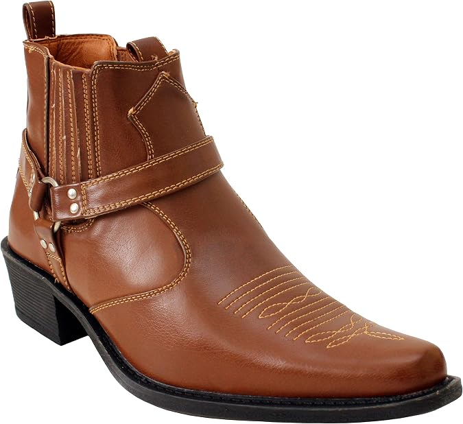 Mens Eastwood Slip On Harness Twin Gusset Western Heel Cuban Ankle Heel Cowboy Boots UK Sizes 7-12 (UK 9, Tan)