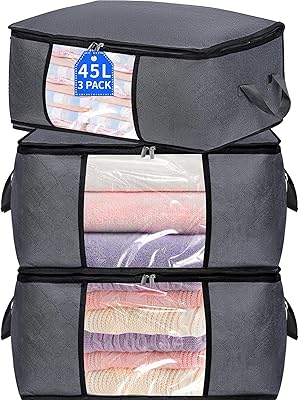 3 Pack Storage Bags, 45L Foldable Clothes Storage Bins with Lids, Closet Organizers Blanket Storage Bags with Zippers Clear Window Sturdy Handles for Clothing Bedding Comforter Sweater Pillows Gray