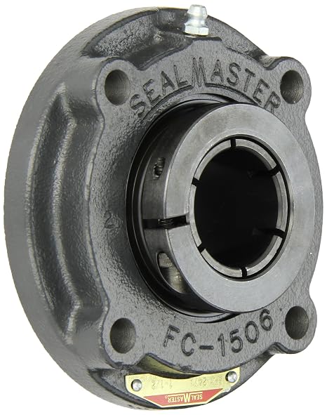 SFC-24TC Standard Duty Piloted Flange Cartridge Unit, 4 Bolt, Regreasable, Contact Seals, Skwezloc Collar, Cast Iron Housing, 1-1/2" Bore, 5-1/4" Overall Length, 3-3/32" Bolt Hole Spacing Width, 7/16" Flange Height