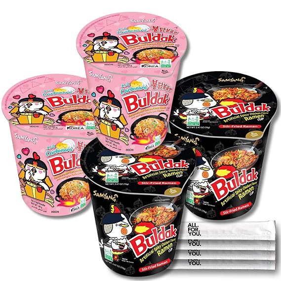 Buldak Ramen Noodles 2 Flavor Cup Variety Combo - Total 4 pack (2 Pack ea) - Original, Carbonara - Spicy Ramen Noodles Buldak Ramen Korean Spicy Hot Chicken Stir-Fried Cup Noodles Bundle with 4 ALL.FOR.YOU. Branded Chopsticks