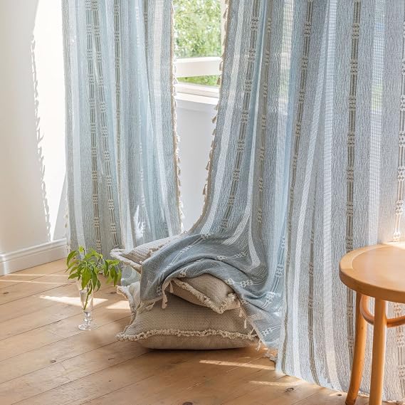 Boho Curtains for Bedroom Embroidery Striped Farmhouse Linen Curtains 63 Inch Length 2 Panels for Living Room Blue Bohemian Semi-Blackout Window Curtains Rod Pocket Drapes ( 52" W x 63" L,Blue)