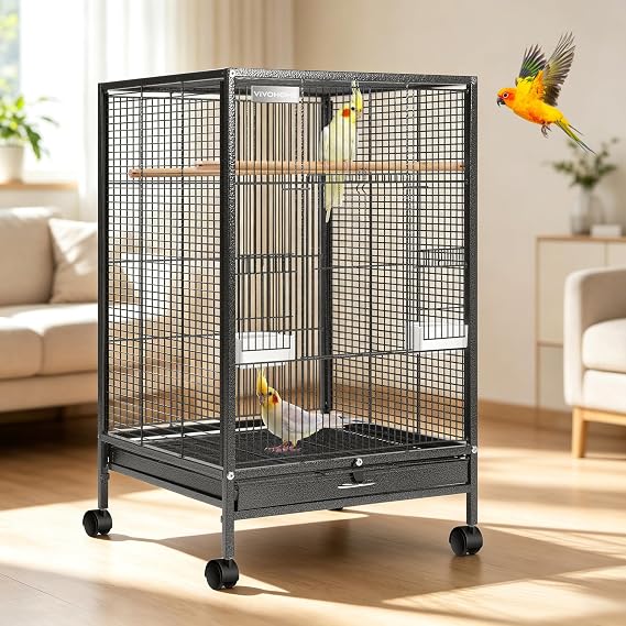 VIVOHOME Wrought Iron Bird Cage with Rolling Stand, 30 Inch Height