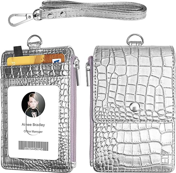 ELV Badge Holder with Zipper, PU Leather ID Badge Card Holder Wallet with 5 Card Slots, 1 Side RFID Blocking Pocket and 20 inch Neck Lanyard Strap for Offices ID, School ID, Driver Licence - Silver