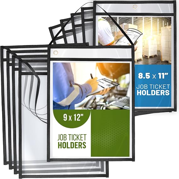 5 Pack Job Ticket Holders 8.5x11 and 10 Pack Hanging Job Ticket Holders with Strap 9x12 Bundle Work Order Plastic Sleeves for Documents Shop Ticket Holders Dry Erase Pocket Sleeves Dry Erase Pockets
