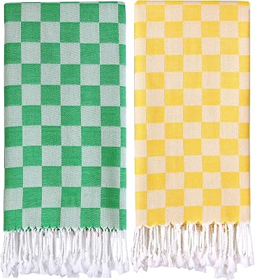 2 Packs Checkered Plaid Turkish Beach Towel Beach Blanket Sandproof Fast Drying Extra Large Match Tote Bag Lounge Chair Umbrella Tent Dress Toy Canopy Outfits Cart Sandal Shoes Games Shirts Pants