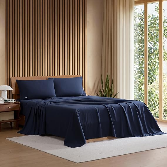 Lacoste 100% Cotton Percale 4-Piece Sheet Set, Navy, Full