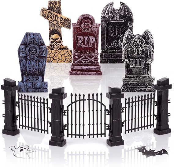 Shellwei 7 Pcs Halloween Miniatures Tombstones Graveyard Set with Fence