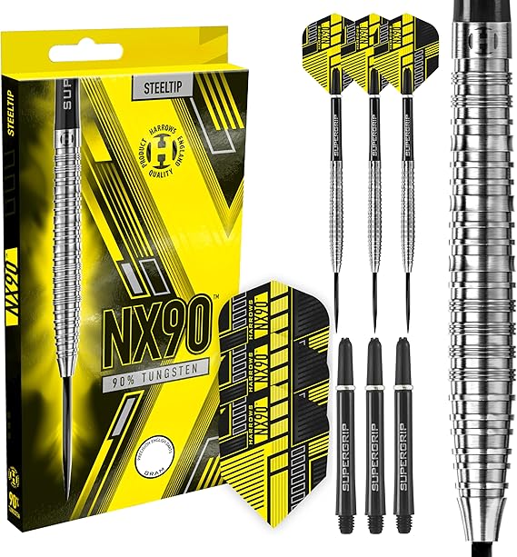 Harrows NX90 90% Tungsten Darts Darts-Set mit Stahlspitze| 21g 22g 23g 24g 25g & 26g Enthält Supergrip-Schäfte und 100-Mikron-NX90-Flüge