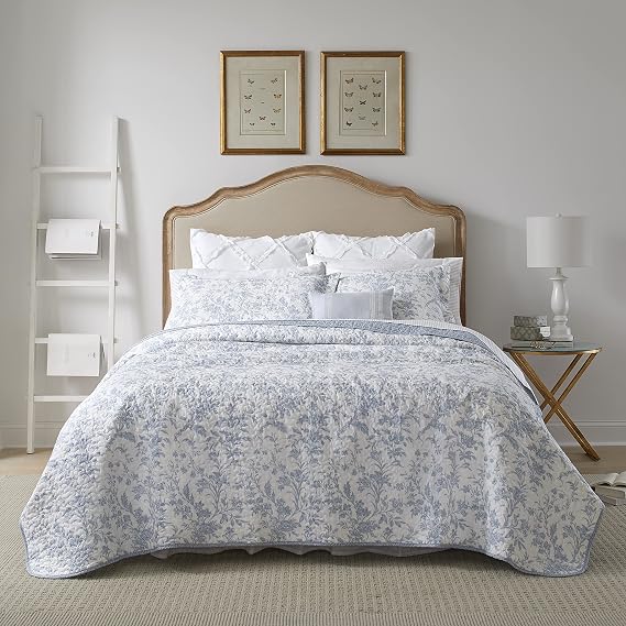 Laura Ashley Twin Quilt Set, Soft & Lightweight Toile Bedding with Matching Shams, Reversible Floral Room Decor, College Dorm Room Essentials (Amberley Soft Blue)