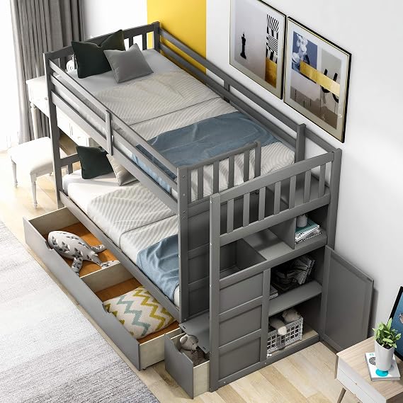 Flieks Twin Over Full/Twin Bunk Bed with 3 Drawers, 4 Storage and Cabinet Door, Twin-Over-Full Convertible Bottom Bed for Bedroom, Dorm, for Family, Kids, Teens, No Box Spring Needed (Gray)