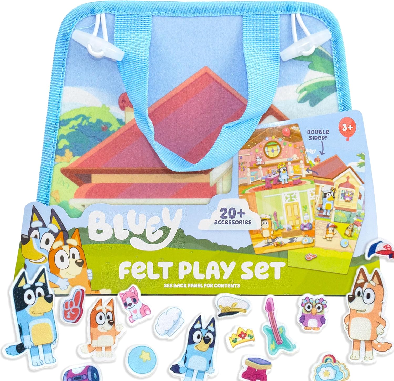 Bluey Felt Playhouse, Double Sided Playscene with Built-in Storage, 20 Felt Characters & Accessories, Travel Friendly Blue Toy for Road Trips and Toddler Activities, Fun Toys & Games