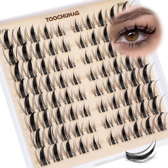 TOOCHUNAG Manga Lash Clusters Natural Fairy Eyelash Clusters Left & Right Spiky Cluster Eyelash Extensions Ultra-thin Clear Band Lashes Clusters CC Curl Cluster Lashes 8-16mm DIY Individual Lashes