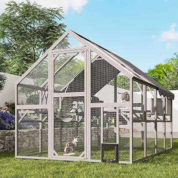 Fansafurn Extra Large Catio Walk-in Outdoor Cat Enclosure for Multiple Cats, 110" Multi-Level Wood Cat Patio Playpen with Weatherproof Roof, Bridges, Condos and Door Access