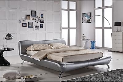 Joyce Collection Contemporary Faux Leather Platform Bed with Headboard, Silver, King